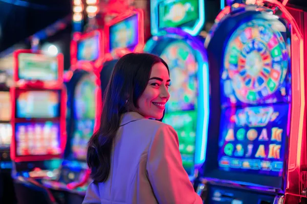 A woman smiling by bright slot machines showing lucky symbols, showcasing the exciting slot offerings at UUOK.